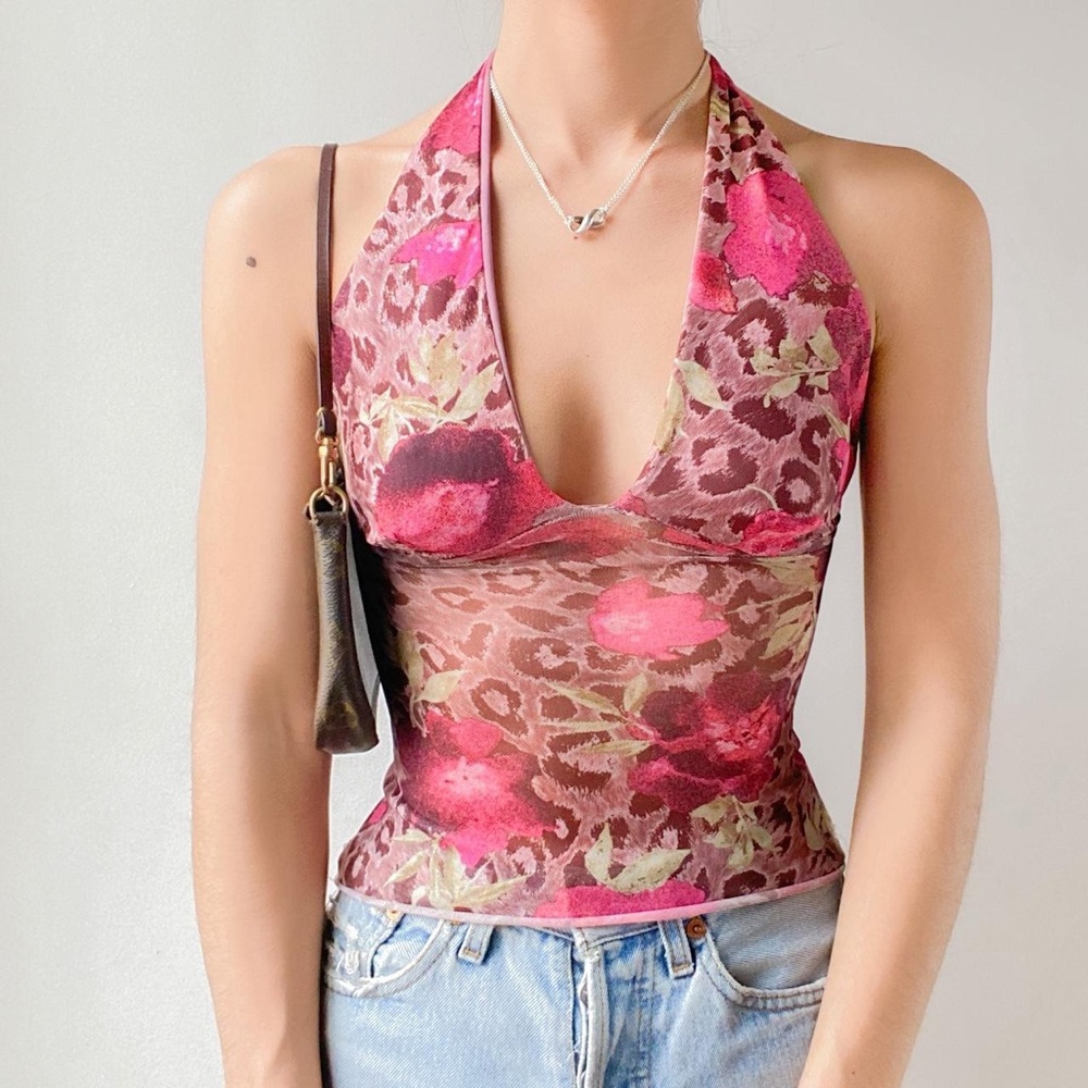 Silence + Noise Pink Floral Sheer Mesh Halter Top Y2K Size XL